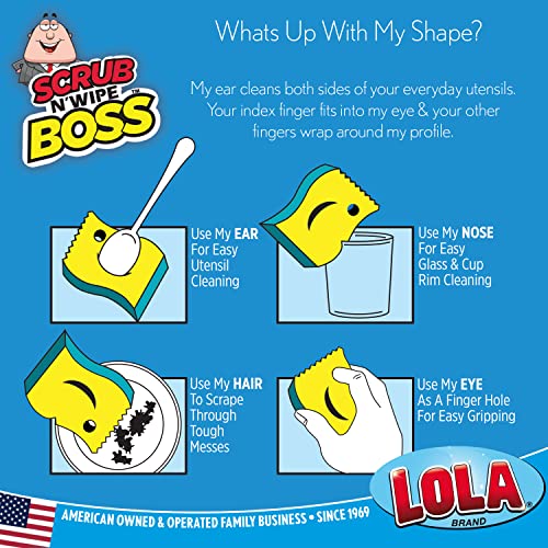 מוצרי LOLA Scrub n 'Wipe Boss | 4.25 x 3 x 1.5 | שימוש רב תכליתי, קרצוף שאינו מגרש | ספוג דו צדדי